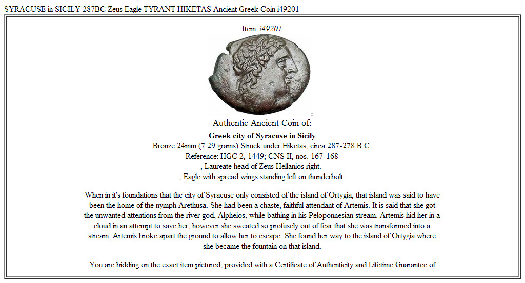 SYRACUSE in SICILY 287BC Zeus Eagle TYRANT HIKETAS Ancient Greek Coin i49201