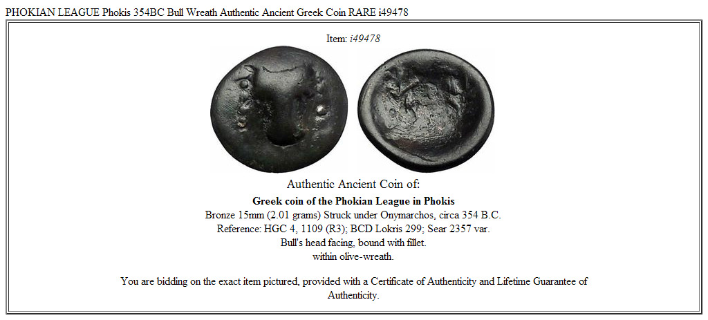 PHOKIAN LEAGUE Phokis 354BC Bull Wreath Authentic Ancient Greek Coin RARE i49478