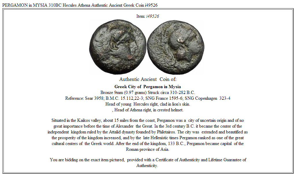 PERGAMON in MYSIA 310BC Hecules Athena Authentic Ancient Greek Coin i49526