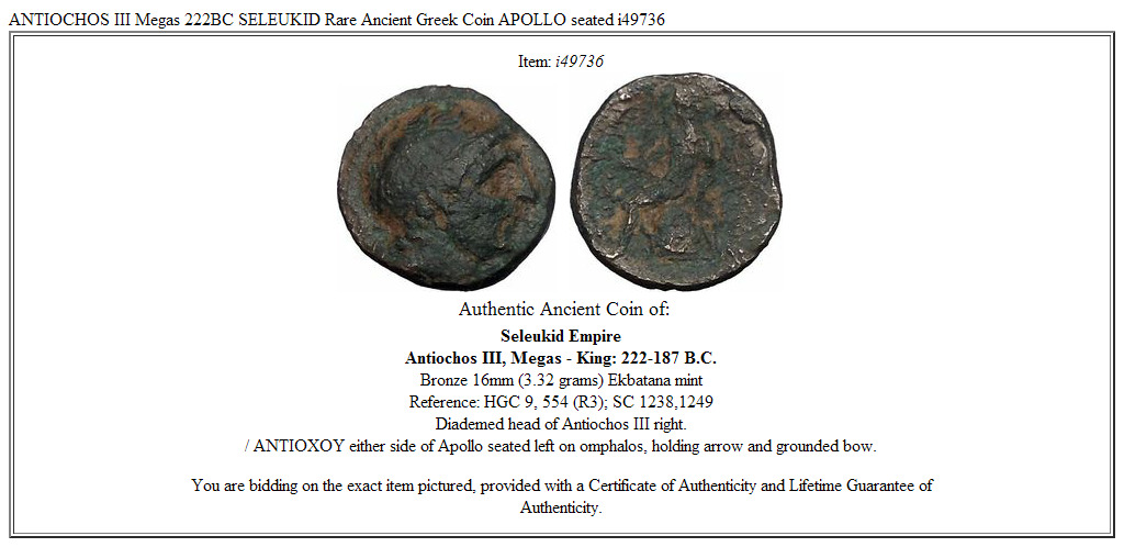 ANTIOCHOS III Megas 222BC SELEUKID Rare Ancient Greek Coin APOLLO seated i49736