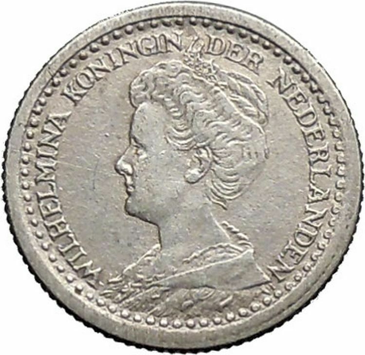 1918 Netherlands Queen WILHELMINA 10 Cents Wreath Authentic Silver Coin i49126