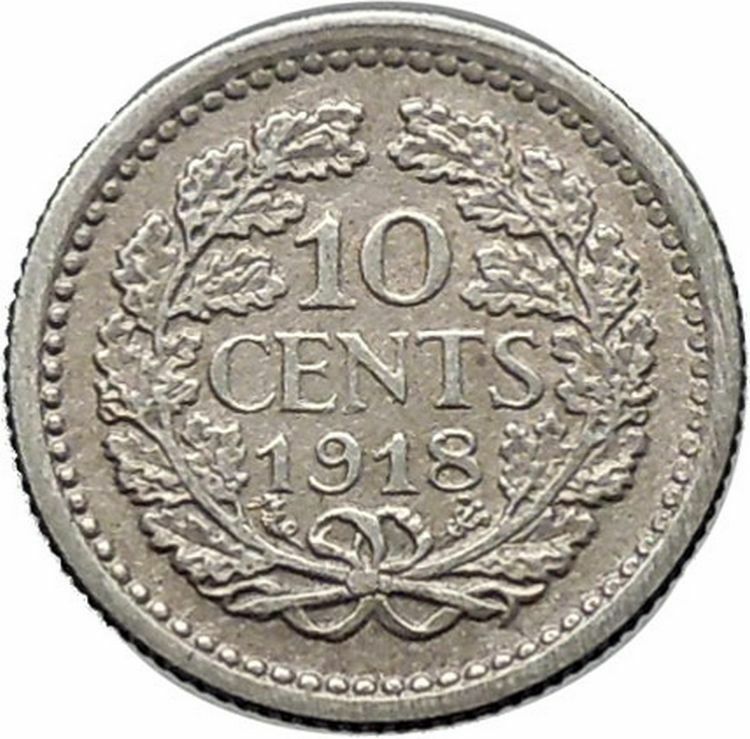 1918 Netherlands Queen WILHELMINA 10 Cents Wreath Authentic Silver Coin i49126