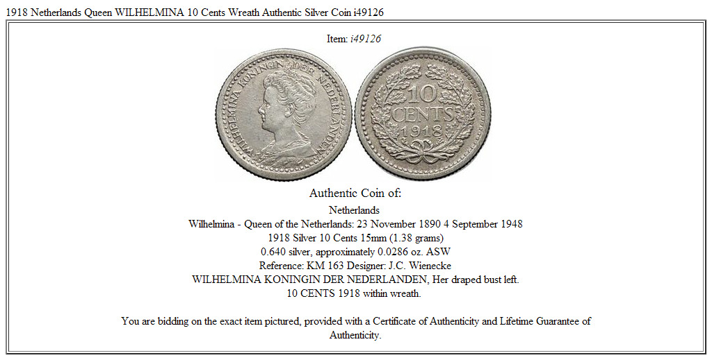 1918 Netherlands Queen WILHELMINA 10 Cents Wreath Authentic Silver Coin i49126