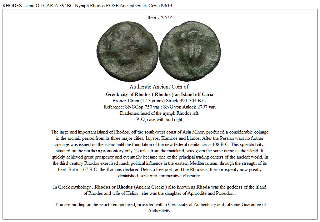 RHODES Island Off CARIA 394BC Nymph Rhodos ROSE Ancient Greek Coin i49613