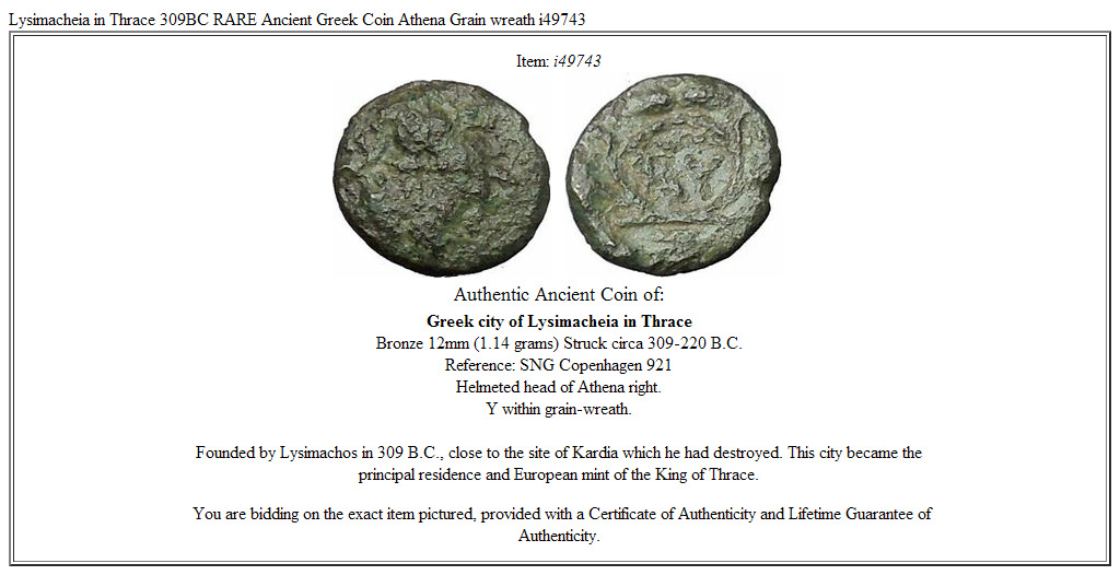 Lysimacheia in Thrace 309BC RARE Ancient Greek Coin Athena Grain wreath i49743
