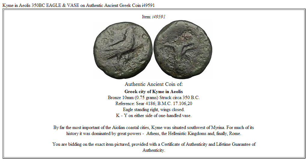 Kyme in Aeolis 350BC EAGLE & VASE on Authentic Ancient Greek Coin i49591