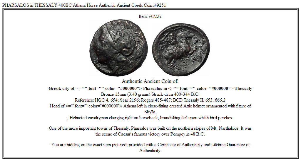 PHARSALOS in THESSALY 400BC Athena Horse Authentic Ancient Greek Coin i49251