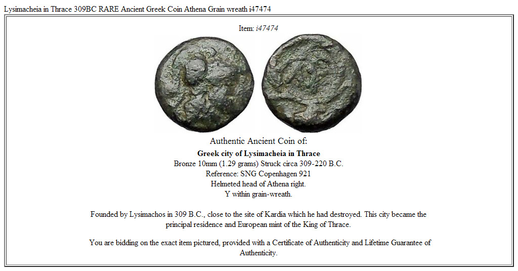 Lysimacheia in Thrace 309BC RARE Ancient Greek Coin Athena Grain wreath i47474