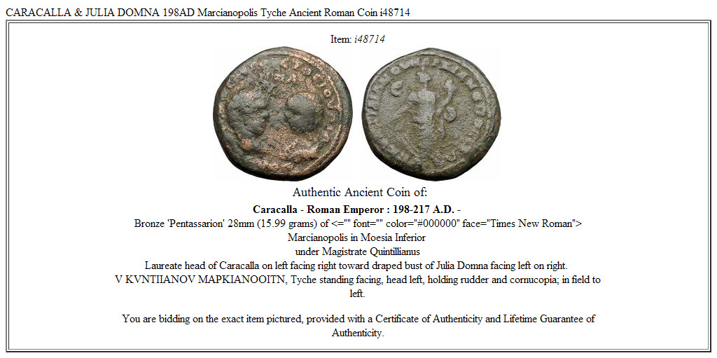 CARACALLA & JULIA DOMNA 198AD Marcianopolis Tyche Ancient Roman Coin i48714