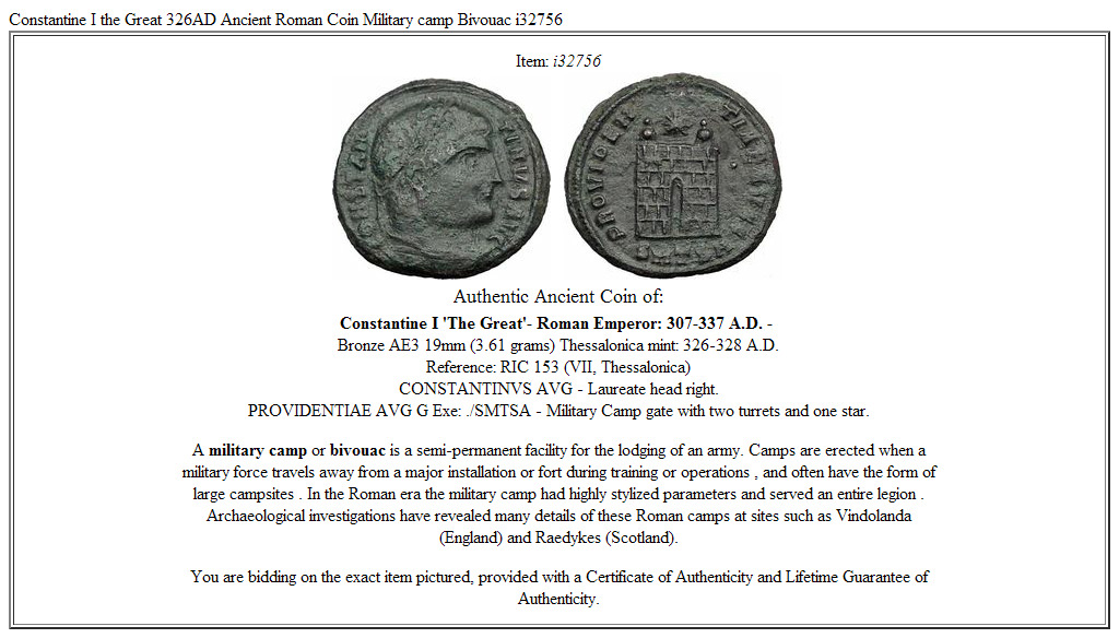 Constantine I the Great 326AD Ancient Roman Coin Military camp Bivouac i32756