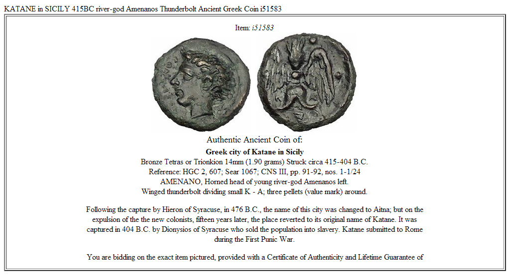 KATANE in SICILY 415BC river-god Amenanos Thunderbolt Ancient Greek Coin i51583