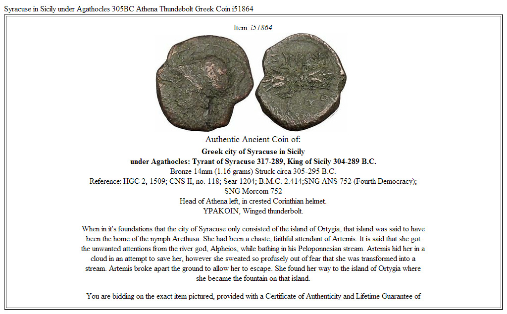 Syracuse in Sicily under Agathocles 305BC Athena Thundebolt Greek Coin i51864