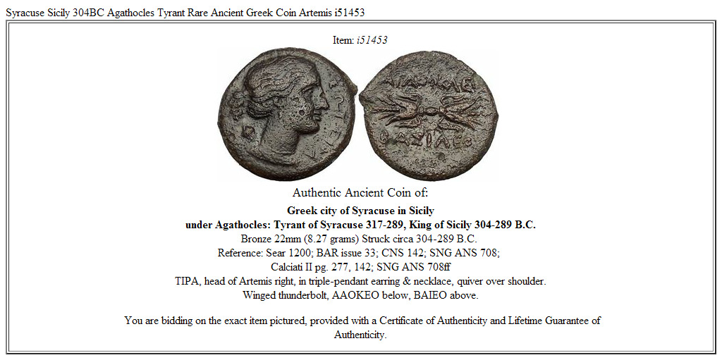 Syracuse Sicily 304BC Agathocles Tyrant Rare Ancient Greek Coin Artemis i51453