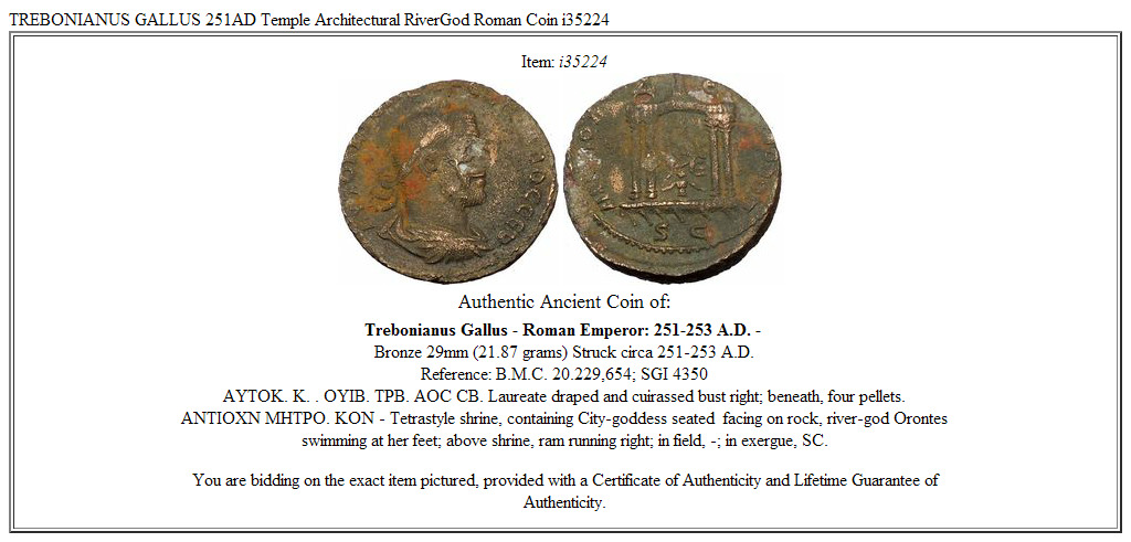 TREBONIANUS GALLUS 251AD Temple Architectural RiverGod Roman Coin i35224