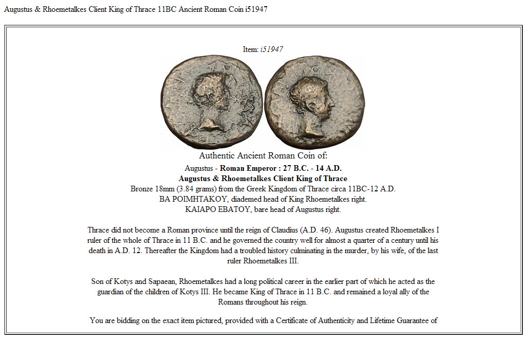 Augustus & Rhoemetalkes Client King of Thrace 11BC Ancient Roman Coin i51947