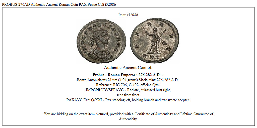 PROBUS 276AD Authentic Ancient Roman Coin PAX Peace Cult i52086