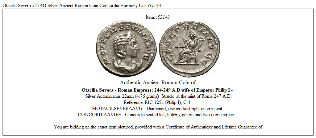 Otacilia Severa 247AD Silver Ancient Roman Coin Concordia Harmony Cult i52143