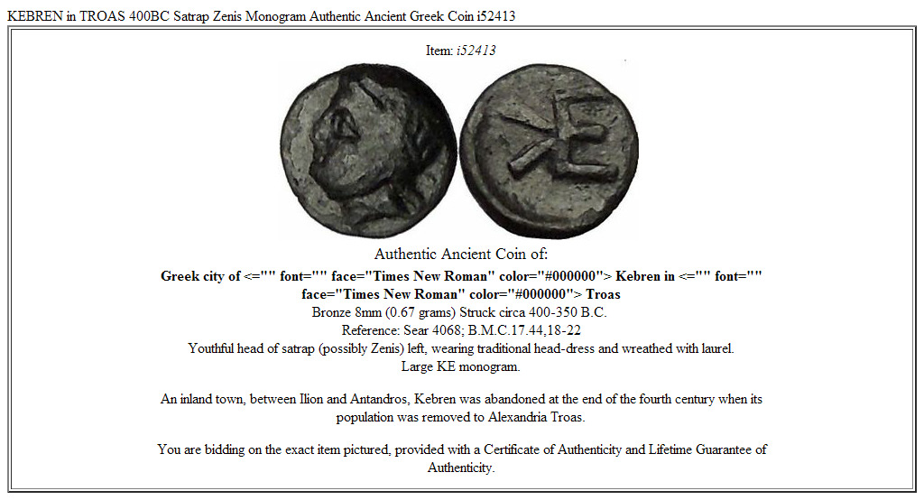KEBREN in TROAS 400BC Satrap Zenis Monogram Authentic Ancient Greek Coin i52413