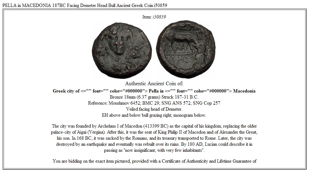 PELLA in MACEDONIA 187BC Facing Demeter Head Bull Ancient Greek Coin i50859