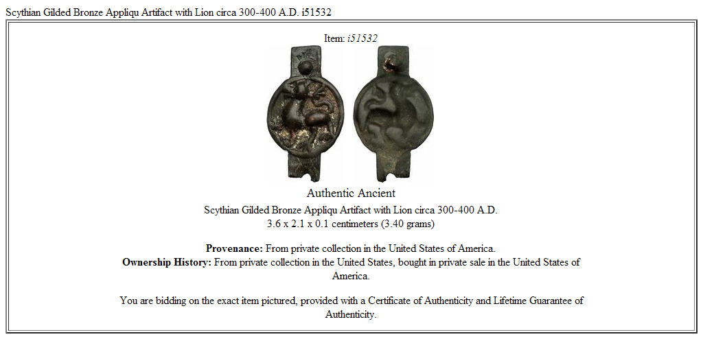 Scythian Gilded Bronze Appliqué Artifact with Lion circa 300-400 A.D. i51532