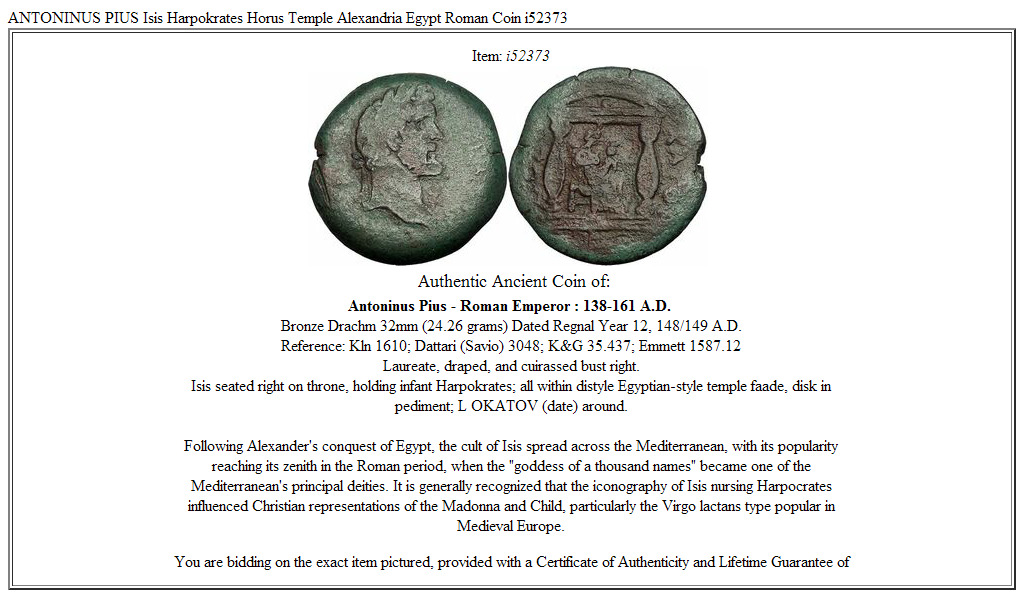 ANTONINUS PIUS Isis Harpokrates Horus Temple Alexandria Egypt Roman Coin i52373