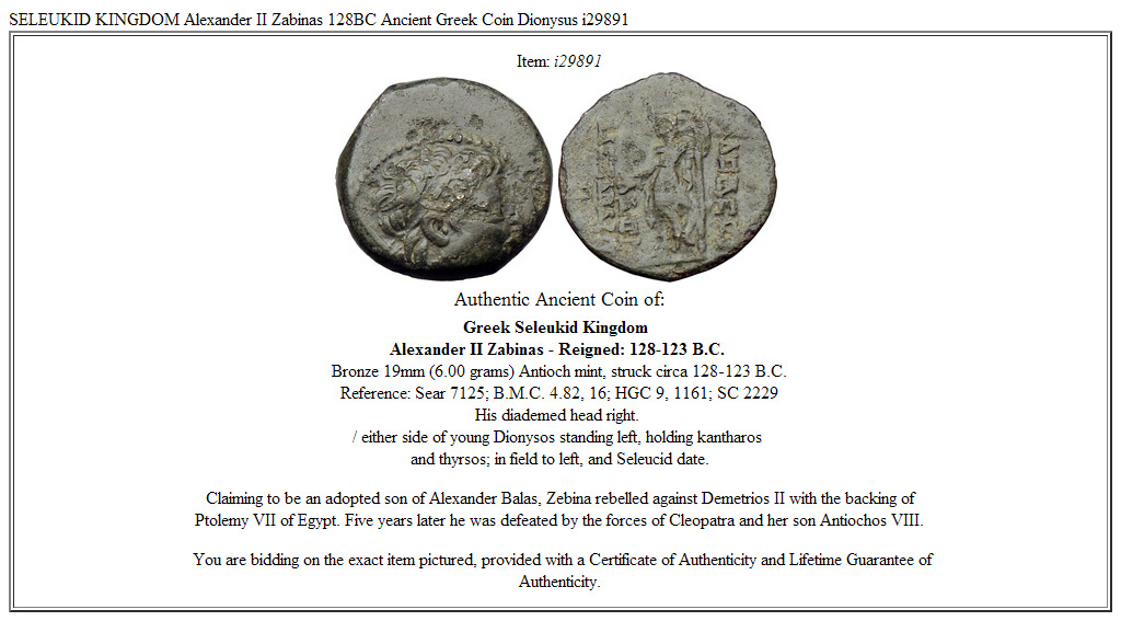 SELEUKID KINGDOM Alexander II Zabinas 128BC Ancient Greek Coin Dionysus i29891