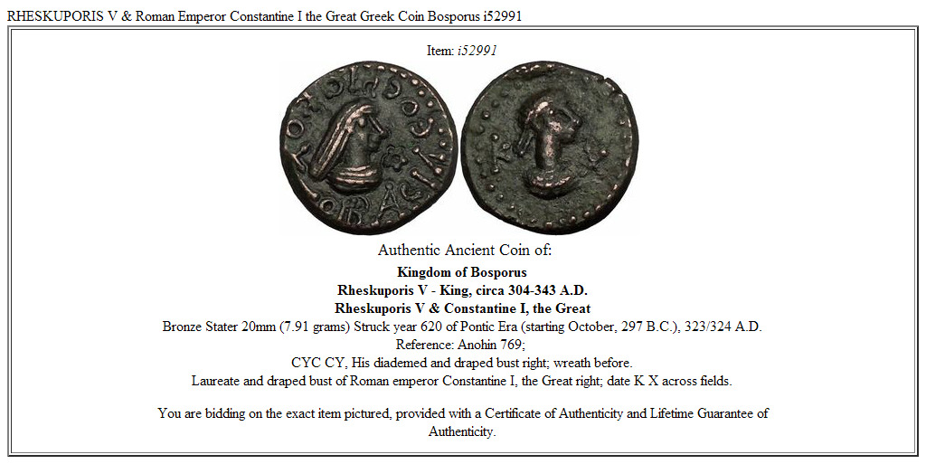 RHESKUPORIS V & Roman Emperor Constantine I the Great Greek Coin Bosporus i52991