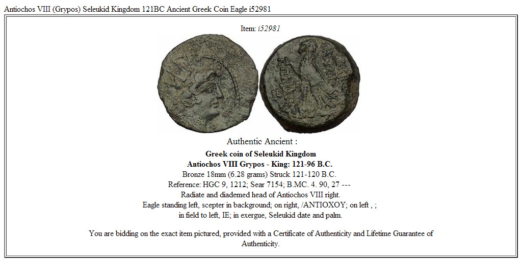 Antiochos VIII (Grypos) Seleukid Kingdom 121BC Ancient Greek Coin Eagle i52981