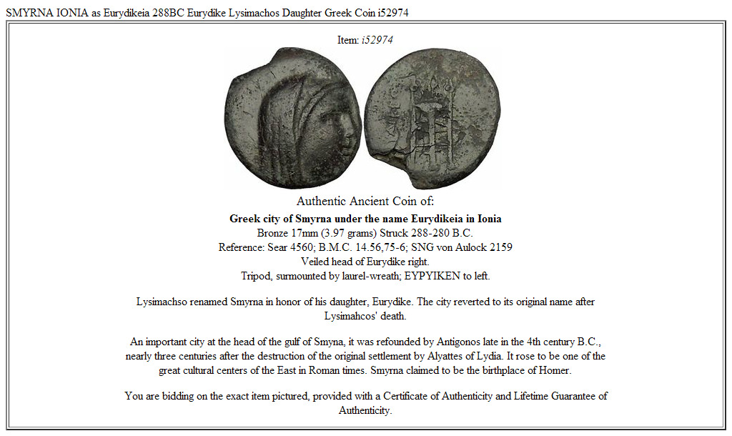 SMYRNA IONIA as Eurydikeia 288BC Eurydike Lysimachos Daughter Greek Coin i52974