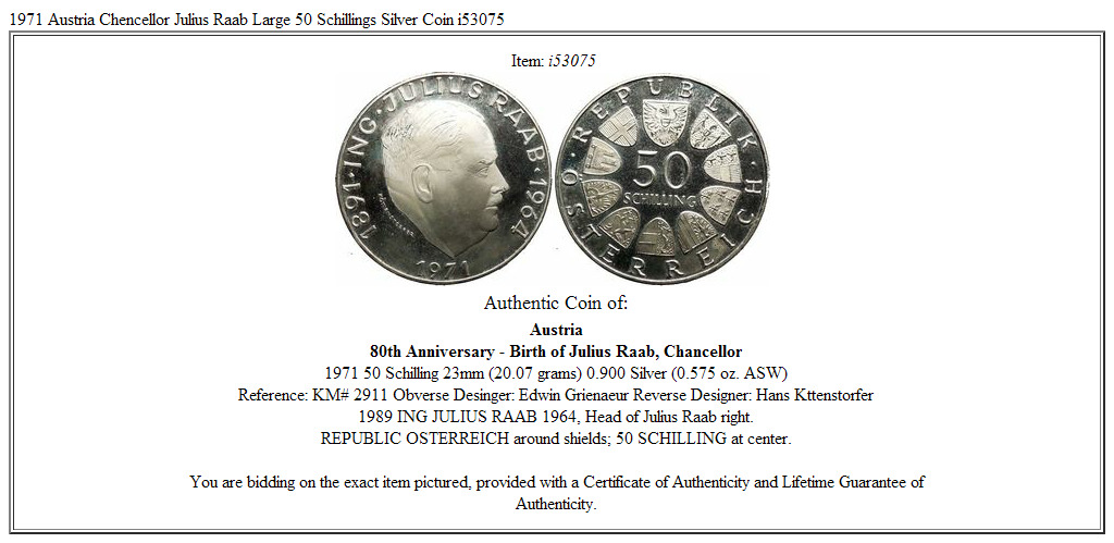 1971 Austria Chencellor Julius Raab Large 50 Schillings Silver Coin i53075