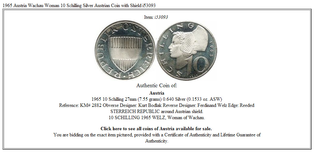 1965 Austria Wachau Woman 10 Schilling Silver Austrian Coin with Shield i53093