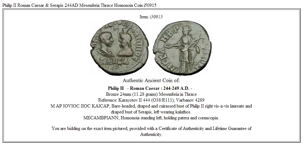 Philip II Roman Caesar & Serapis 244AD Mesembria Thrace Homonoia Coin i50915