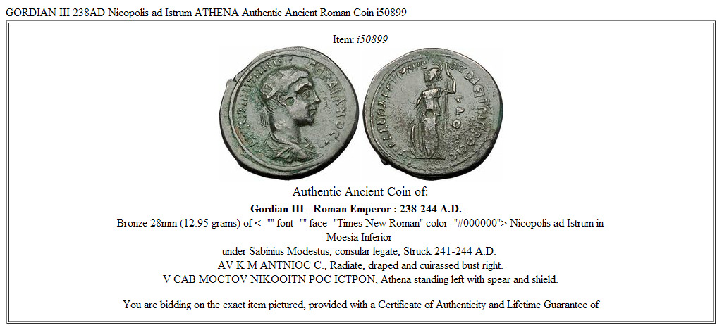GORDIAN III 238AD Nicopolis ad Istrum ATHENA Authentic Ancient Roman Coin i50899