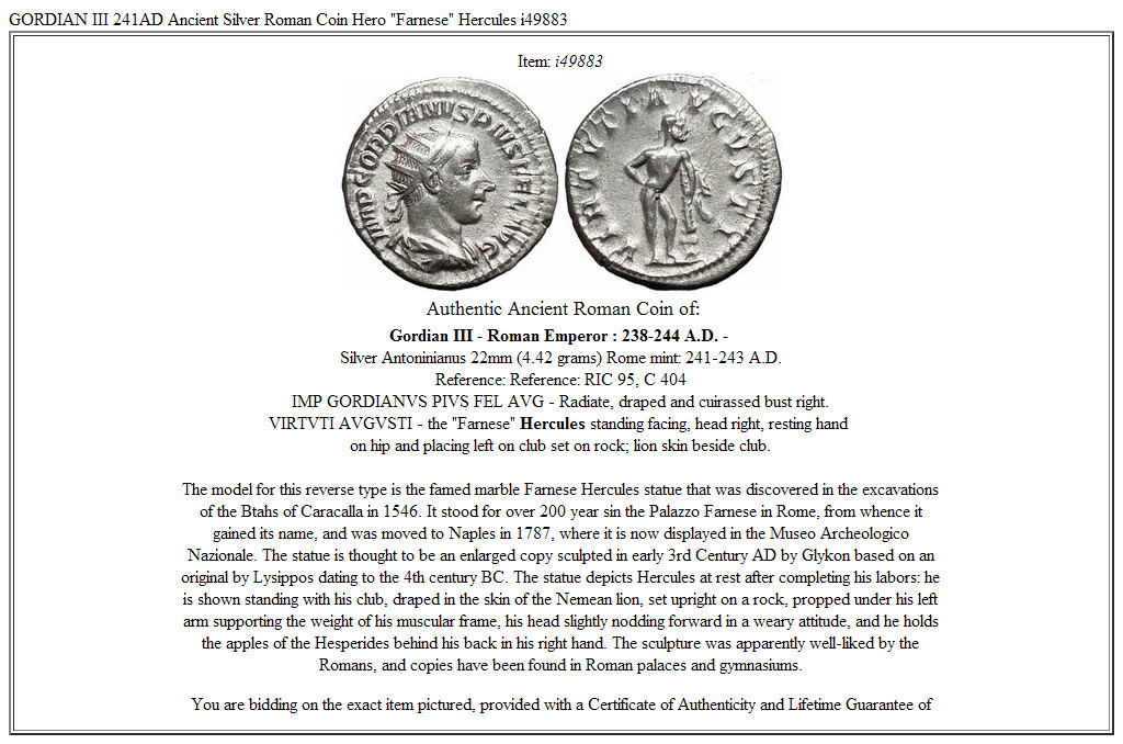 GORDIAN III 241AD Ancient Silver Roman Coin Hero "Farnese" Hercules i49883