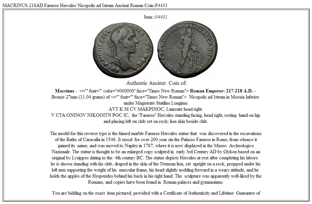 MACRINUS 218AD Farnese Hercules Nicopolis ad Istrum Ancient Roman Coin i54431