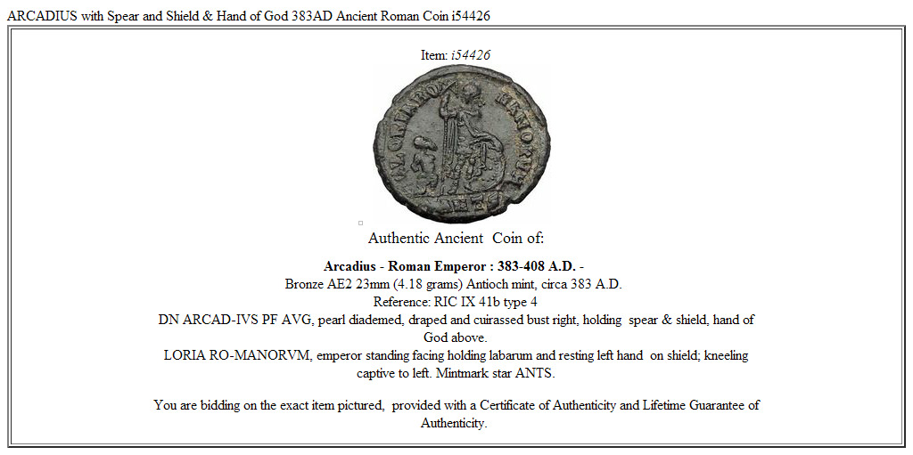 ARCADIUS with Spear and Shield & Hand of God 383AD Ancient Roman Coin i54426