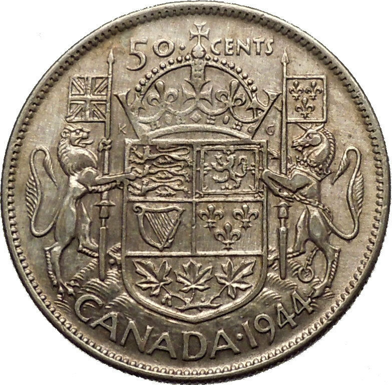 1944 CANADA King George VI of Britain Silver 50 Cent Coin Coat of Arms i53784