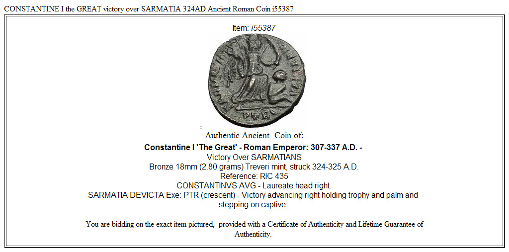 CONSTANTINE I the GREAT victory over SARMATIA 324AD Ancient Roman Coin i55387