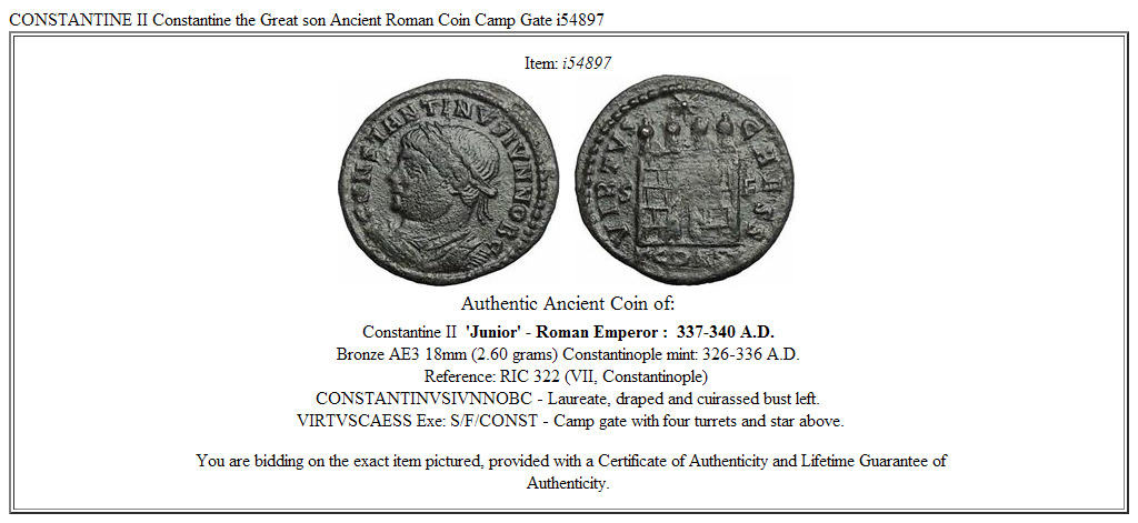 CONSTANTINE II Constantine the Great son Ancient Roman Coin Camp Gate i54897