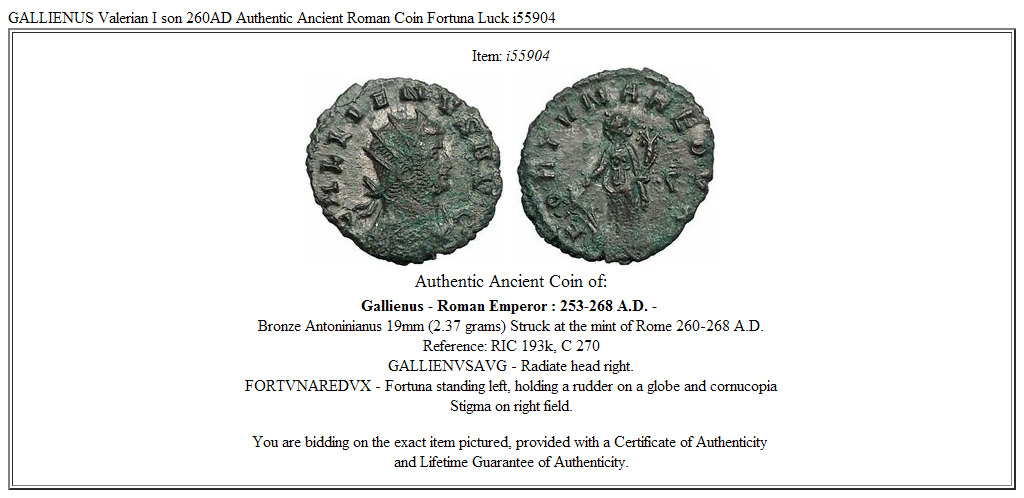 GALLIENUS Valerian I son 260AD Authentic Ancient Roman Coin Fortuna Luck i55904