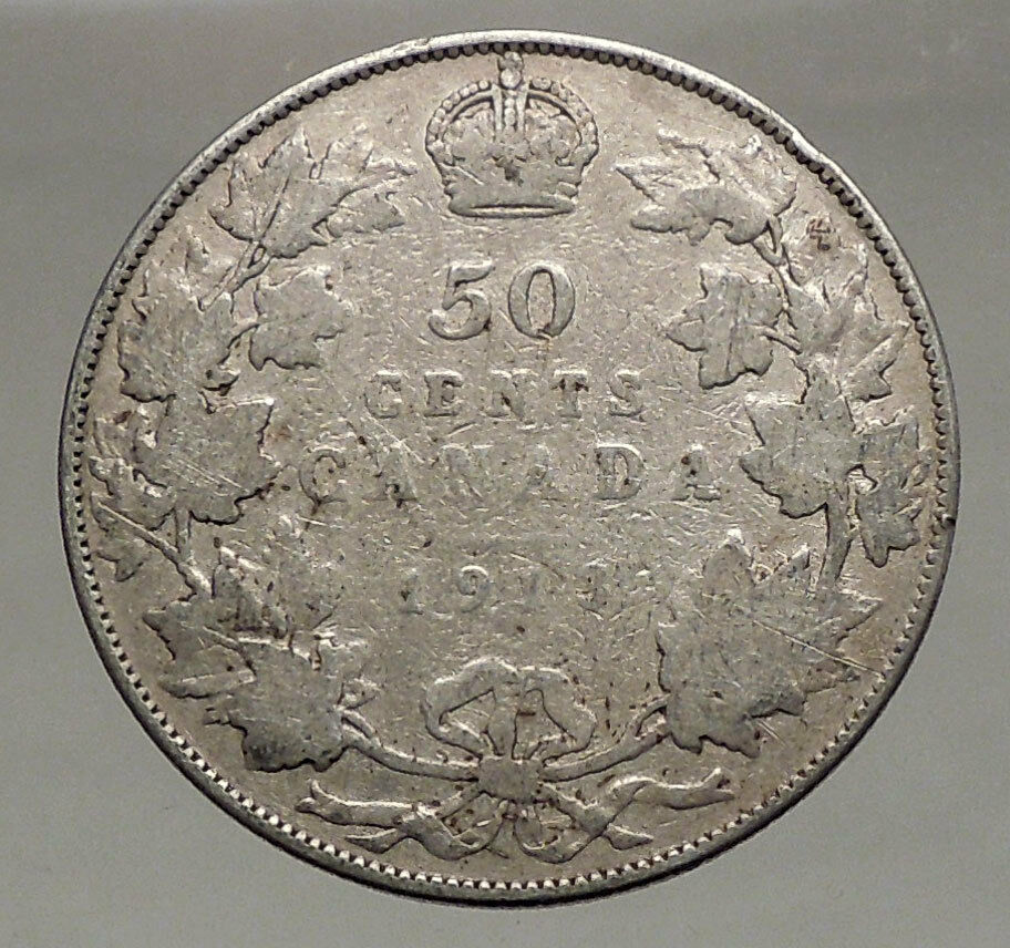 1913 CANADA - Original Antique Silver 50 Cents Coin under King GEORGE V i56686