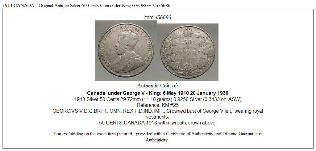 1913 CANADA - Original Antique Silver 50 Cents Coin under King GEORGE V i56686