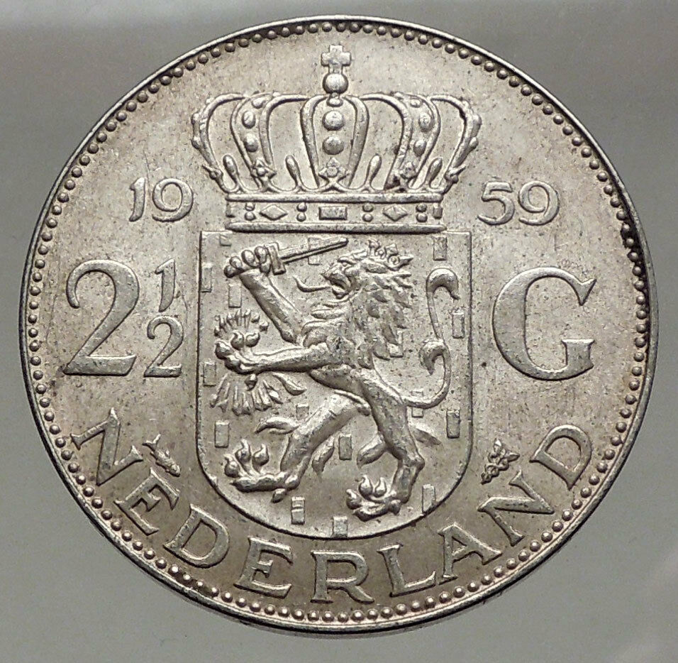 1959 Netherlands Kingdom Queen JULIANA 2½ Gulden Authentic Silver Coin i56606