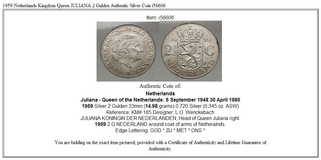 1959 Netherlands Kingdom Queen JULIANA 2½ Gulden Authentic Silver Coin i56606