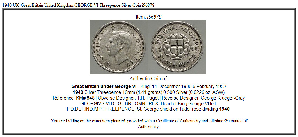 1940 UK Great Britain United Kingdom GEORGE VI Threepence Silver Coin i56878