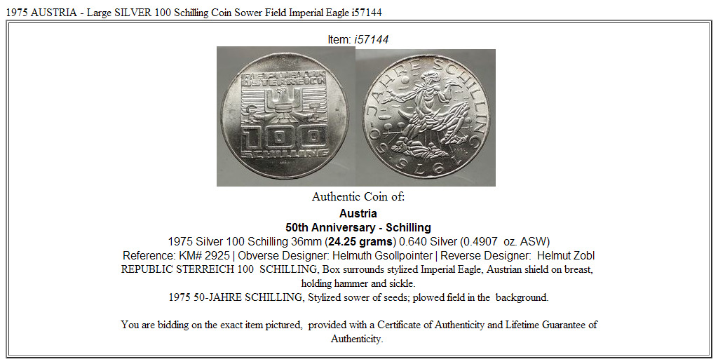 1975 AUSTRIA - Large SILVER 100 Schilling Coin Sower Field Imperial Eagle i57144