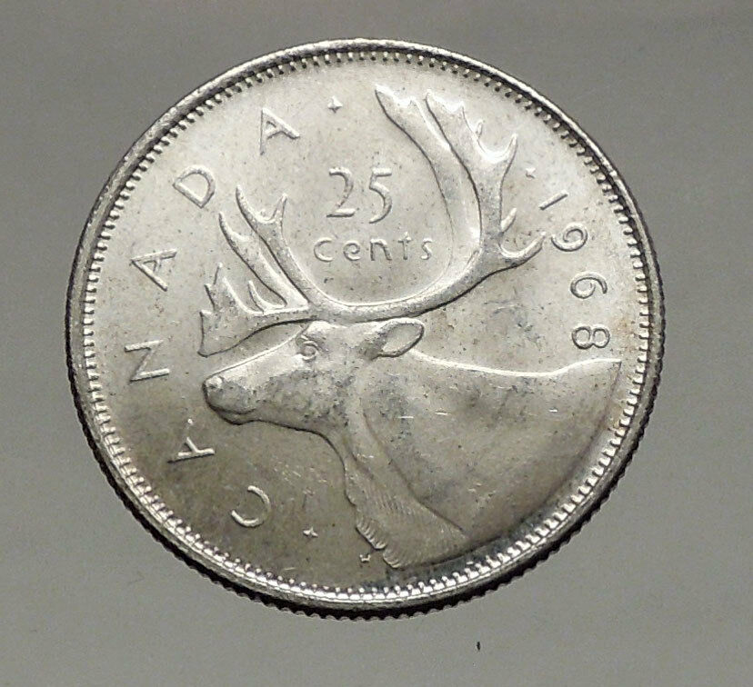 1968 CANADA United Kingdom Queen Elizabeth II Silver 25 Cent Coin CARIBOU i56898