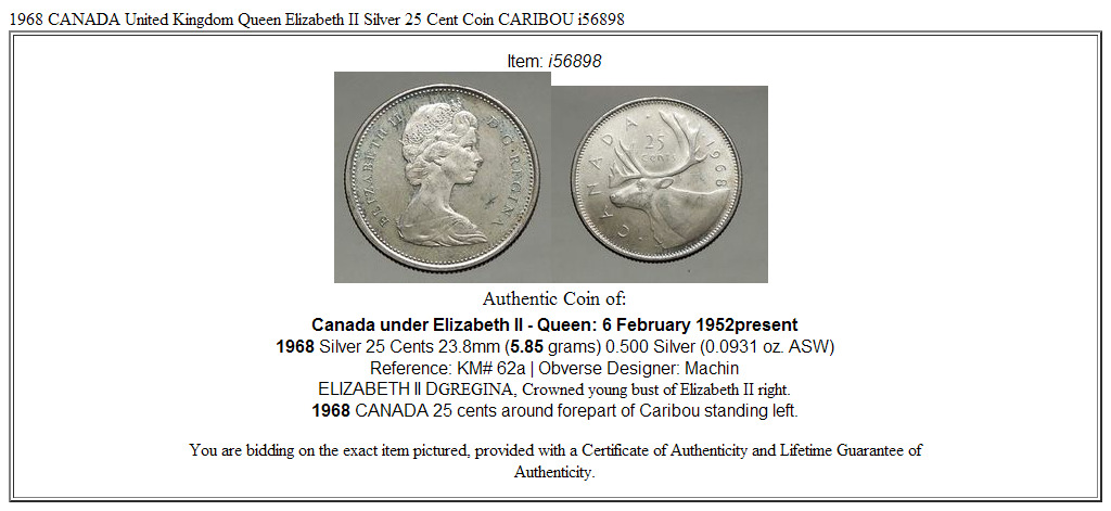 1968 CANADA United Kingdom Queen Elizabeth II Silver 25 Cent Coin CARIBOU i56898