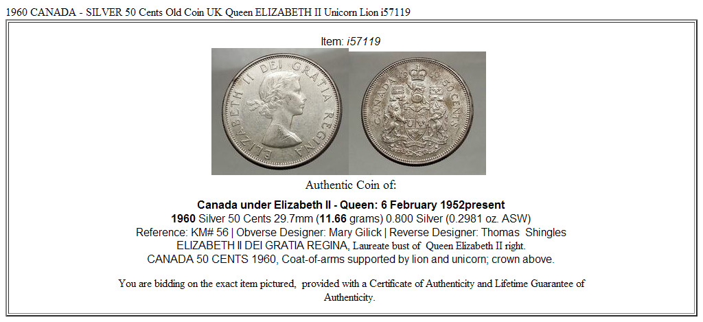 1960 CANADA - SILVER 50 Cents Old Coin UK Queen ELIZABETH II Unicorn Lion i57119