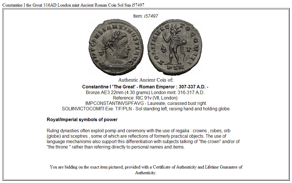 Constantine I the Great 316AD London mint Ancient Roman Coin Sol Sun i57497